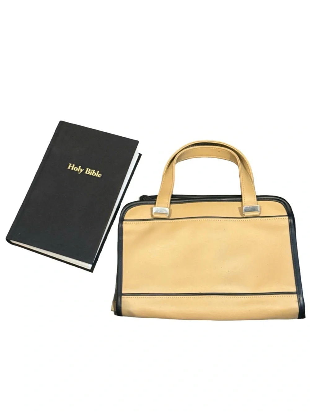 Vegan Leather Bible Book Cover W/ Handles and Pockets Tan Black Trim Free Bible